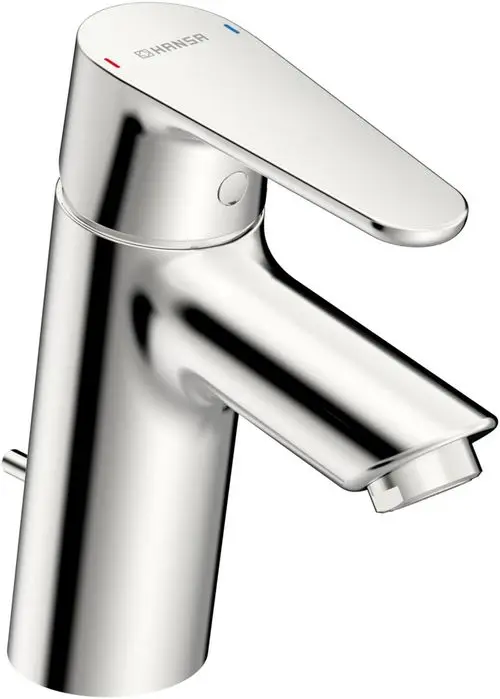 Einzelnes glänzendes Waschtischarmatur von HANSA mit einem Hebel zur Temperatureinstellung und Auslauf für Wasser. Reduzierte, moderne Formgebung.